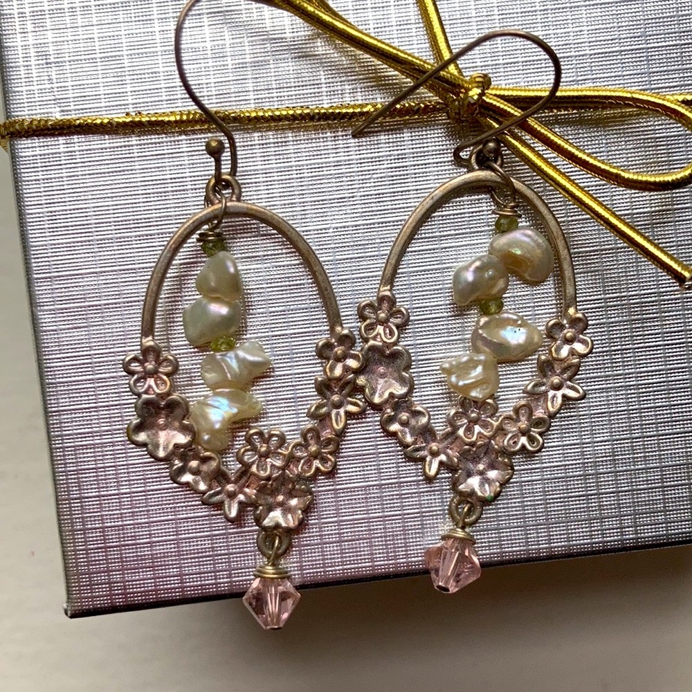 Handmade Silver Floral Pearl + Swarovski Earrings